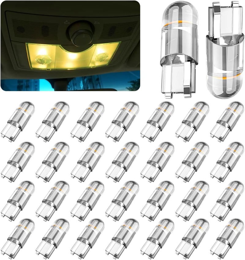 zipelo 30-Pack 194 LED Light Bulbs 6000K White, 168 2825 W5W T10 Wedge COB LED Replacement Bulbs, Dome Map Door Courtesy License Plate Lights, 0.36W 12V Error Free Interior Bulbs for Cars (Yellow) - Image 1